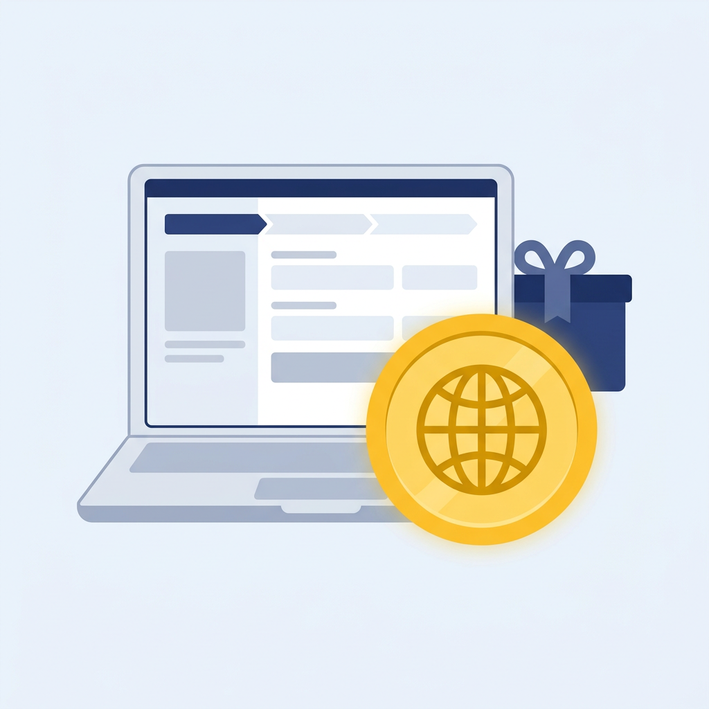 A laptop showing a checkout page next to a gold coin